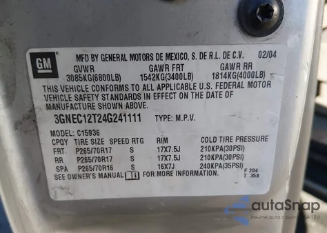 2004 Chevrolet Avalanche 1500 из США, поврежденный, VIN 3GNEC12T24G241111